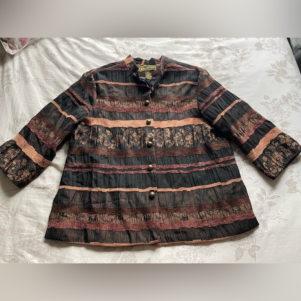 Mirasol Vintage‎ Striped Brown Floral Shirt Jacket Large Cottagecore Goblincore